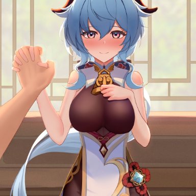 2021, aether (genshin impact), ahoge, bare arms, bare shoulders, bell, bell collar, blue hair, blush, bodysuit, breast suppress, breasts, clothed, clothing, collar