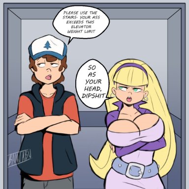 banjabu, big breasts, blonde hair, breasts, brown eyes, brown hair, dipper pines, disney, elevator, gravity falls, green eyes, huge breasts, just fuck already, pacifica northwest, talking