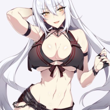 1girls, 2021, ahoge, alternate costume, alternate hairstyle, arm up, armband, armpit crease, artist signature, belly button, belt, bikini top, black bikini top, black clothing, black gloves