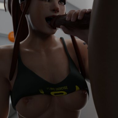 1boy, 1girls, 3d, abs, blender (software), blowjob, brigitte, brigitte lindholm, cum, cum in mouth, dark-skinned male, fellatio, fridge, gym, horseboots3d