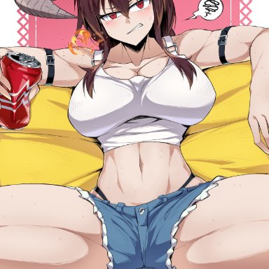 1girls, breasts, female, female only, fit, fit female, horns, huge breasts, monster girl, original, original character, solo, solo female, spread legs, suzusiigasuki