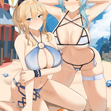 2021, 2girls, angry, arm grab, arm under breasts, armpits, arms behind head, arms up, artist signature, asymmetrical hair, beach, belly button, bikini, blonde hair, blue bikini