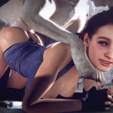 1dog, 1girl, 3d, all fours, bayernsfm, bestiality, breasts, brown eyes, brown hair, doggy style, feral on female, feral penetrating, intersex, jill valentine, no sound