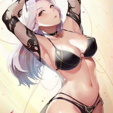 armpits, arms up, bangs, bikini, blush, bracelet, breasts, carmilla (fate), carmilla (swimsuit rider), cleavage, fate/grand order, fate (series), gun, i.bou, jewelry