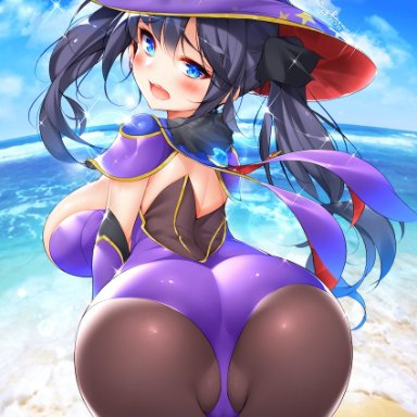 1girls, 2021, alternate breast size, arched, ass, ass focus, backless outfit, beach, bent over, black hair, blue eyes, blue sky, blush, blush, breasts