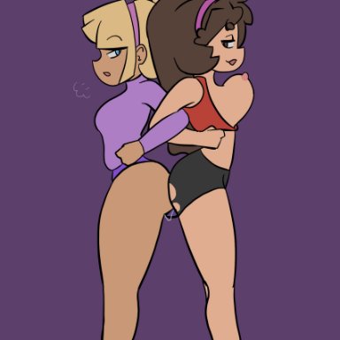 2girls, aged up, ambiguous penetration, animated, animated, arms behind back, ass, back to back, blonde hair, blue eyes, bodily fluids, bouncing breasts, breasts, breasts outside, brown eyes