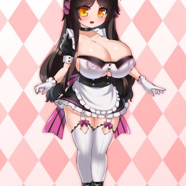 absurdres, ahoge, apron, areola, areolae, bangs, belt collar, big breasts, bimbo, black hair, blush, boots, breasts, cleavage, cleavage cutout