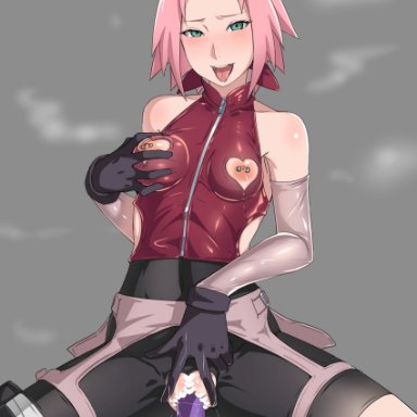 artist request, blush, breast grab, breasts, censored, dildo, dildo in pussy, dildo penetration, gloves, grabbing own breast, green eyes, happy, looking at viewer, naruto, ninja