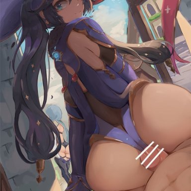 1boy, 2girls, ass, back, bar censor, black gloves, black hair, blue cape, blue headwear, blue leotard, breasts, cape, censored, clothed female nude male, detached sleeves