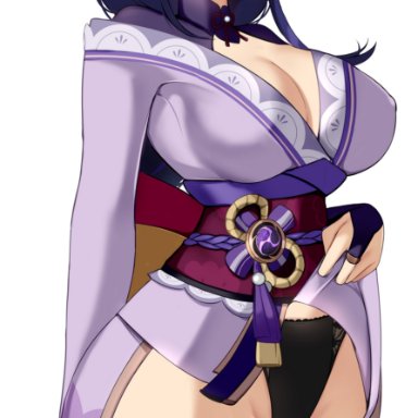 1girls, baal (genshin impact), big breasts, black panties, cleavage, curvy, curvy female, genshin impact, hioyami, kimono, kimono lift, looking at viewer, purple hair, raiden (genshin impact), thick thighs