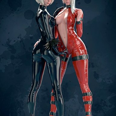 2girls, black latex, breasts, hairband, high heels, hydrafxx, kaine (nier), latex suit, long hair, nier, nier: automata, nier (series), red latex, white hair, yorha 2b