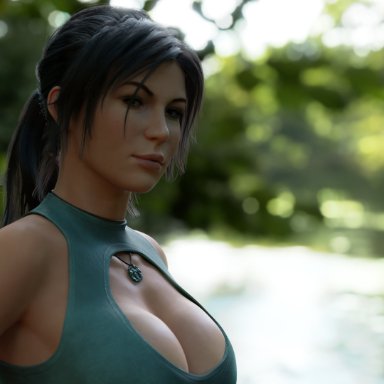 tomb raider, tomb raider reboot, lara croft, son umbasa, 3d, blurry background, cleavage, ponytail, 1girls, solo, large breasts, cleavage cutout, outdoors, river, forest