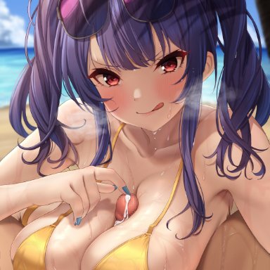 1boy, :q, absurdres, azur lane, bangs, bare shoulders, bikini, blush, breasts, censored, cleavage, covered nipples, cum, eyebrows visible through hair, eyewear on head