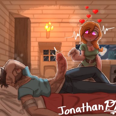 1boy, 1boy1girl, 1girls, alex (minecraft), blush, creeper, heart, heart-shaped pupils, horny, johnathanpt, laying on bed, minecraft, sleeping, steve (minecraft)