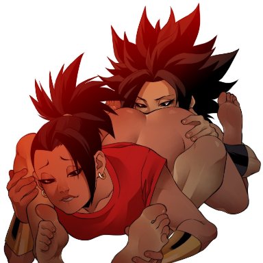 2girls, 69, 69 position, arm guards, ashino art, bangs, bare ass, bare legs, barefoot, bent over, black hair, caulifla, cunnilingus, dragon ball, dragon ball super