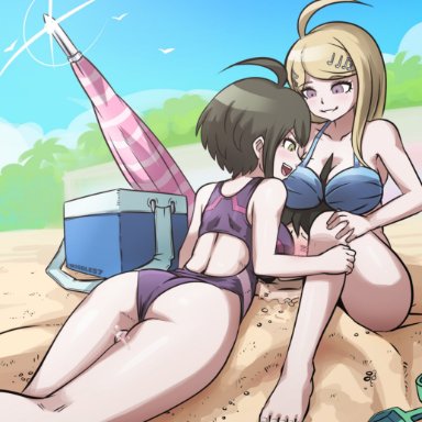 1boy, 2girls, ahoge, akamatsu kaede, assertive, beach, bikini, buried in sand, color, danganronpa, danganronpa 2: goodbye despair, danganronpa s: ultimate summer camp, danganronpa ultra despair girls, danganronpa v3, femdom