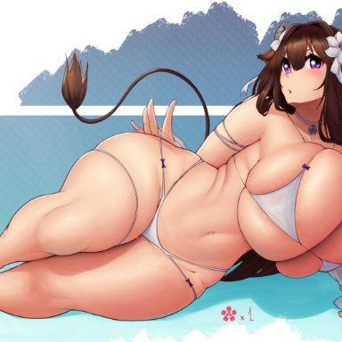 2021, azur lane, big breasts, bikini, bikini bottom, bikini top, blue background, blush, blushing, bra, breasts, brown hair, coffeeslice, cow ears, cow girl