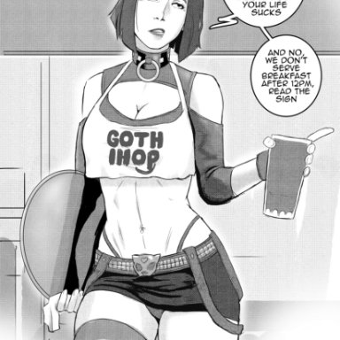 1girls, adult swim, busty, cleavage, clothed female, english text, female, female focus, female only, female solo, goth, goth ihop, hourglass figure, looking away, monochrome