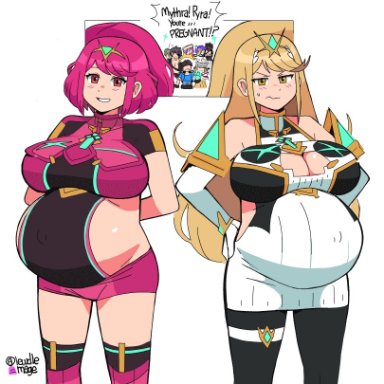 2girls, big belly, big breasts, blonde hair, blush, breasts, busty, cleavage, detached sleeves, double pregnancy, dr-worm, female focus, gif, gloves, hair ornament