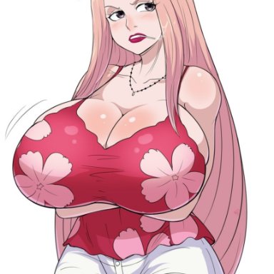 arms under breasts, big breasts, cigarette, crossed arms, female, female focus, female only, hina (one piece), huge breasts, large breasts, long hair, one piece, overflowing breasts, pink hair, pinkkoffin