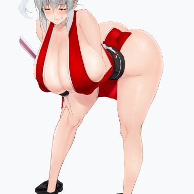 1girls, 2021, alternate version available, ass, bent over, big breasts, breasts, closed eyes, closed eyes, closed mouth, female, female focus, female only, grey hair, hanging breasts