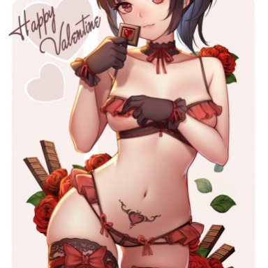 1girls, bad id, bad pixiv id, bangs, bare shoulders, black gloves, black hair, bow, breasts, chocolate, collarbone, commentary request, eyebrows visible through hair, female, female only