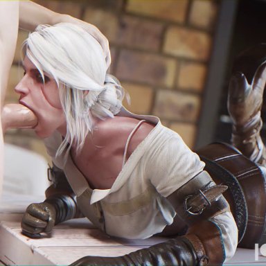 1boy, 1girls, 3d, animated, black pants, blowjob, boots, brown boots, buckles, cd projekt red, ciri, clothed, clothed female nude male, clothed sex, clothing