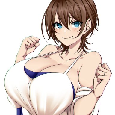 big breasts, blue eyes, blush, blushing, brown hair, busty, camui kamui, cleavage, cute, enormous breasts, exposed shoulders, happy, huge ass, huge breasts, large breasts