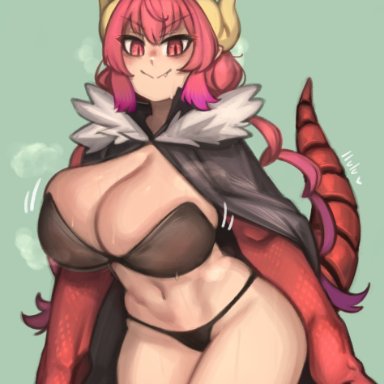 1girls, big breasts, bra, cape, cleavage, dragon, dragon girl, dragon horns, dragon tail, duplicate, female, female only, green background, hi res, horns