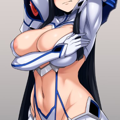 1girls, 2021, angry, areola slip, areolae, arm across chest, arm up, armor, artist signature, belly button, black hair, blue highlights, breasts, cleavage, covering breasts