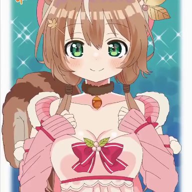 1girl, 1girls, animal ears, animated, ayunda risu, bouncing breasts, breasts, breasts outside, brown hair, choker, female, female focus, female only, green eyes, hololive