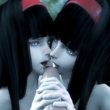 2girls, 3d, animated, black hair, blue eyes, blunt bangs, cum, dnnsfw, hand on penis, hime cut, licking penis, n2, nier: automata, penis, pov