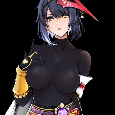 armor, black hair, bodysuit, breasts, breasts apart, covered nipples, female, genshin impact, gloves, hand on own chest, highres, japanese clothes, kujou sara, kujou sara (genshin impact), longxueer