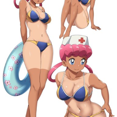 1girls, bikini, blue eyes, breasts, dark-skinned female, eye contact, female, looking at viewer, nintendo, nurse, nurse cap, nurse joy, pink hair, pokemon, pokemon (anime)