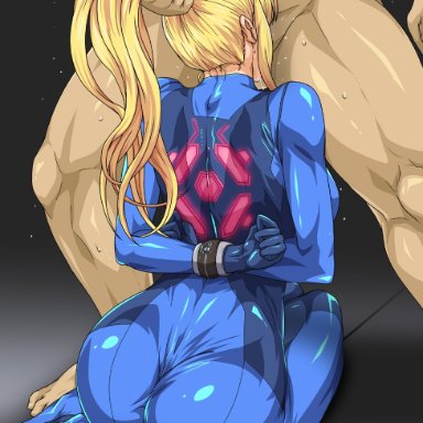 1boy, 1girls, ass, back, blonde hair, bodysuit, bound, bound arms, deepthroat, forced, greco roman (spiral brain), irrumatio, metroid, nintendo, ponytail