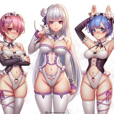 arms up, big breasts, black sleeves, blue eyes, blue hair, blush, breasts, emilia (re:zero), happy, long hair, looking at viewer, maid outfit, maid uniform, maids, panties