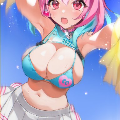 1girls, 2021, ahoge, armpits, arms up, bare legs, belly button, bikini top, blue bikini top, blue highlights, blush, breasts, cheerleader, cheerleader uniform, choker