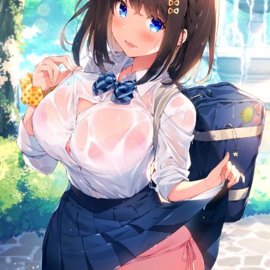 backpack, big ass, big breasts, blue eyes, bowtie, bra, brown hair, button down shirt, child bearing hips, cleavage, complex background, fountain, hairpin, huge breasts, japanese clothes