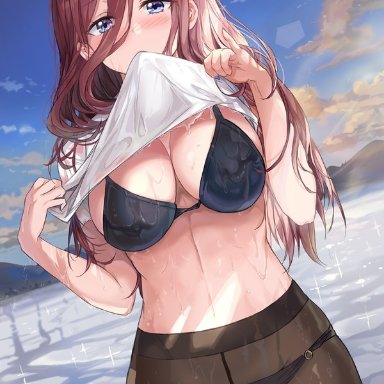 artist request, bikini, black pantyhose, black swimsuit, blue eyes, blush, brown hair, go-toubun no hanayome, huge breasts, lifting shirt, long hair, looking at viewer, nakano miku, panties, pantyhose