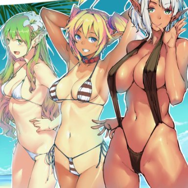 3girls, absurdres, ahoge, armpits, arms behind head, arms up, bikini, black bikini, blonde hair, breasts, collar, cropped legs, dark-skinned female, dark elf, dark skin