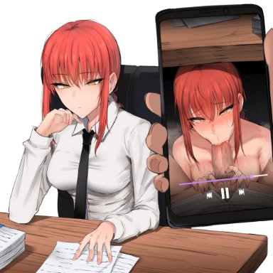 :>=, black neckwear, blush, braid, braided ponytail, breasts, cellphone, chainsaw man, chair, closed mouth, collared shirt, desk, dress shirt, erection, expressionless