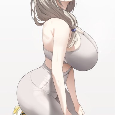 1girls, 2021, ass, blush, breasts, closed eyes, curvaceous, female, female focus, female only, grey hair, hips, huge breasts, k pring, kneeling