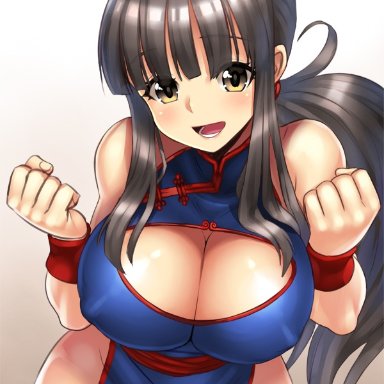 bare shoulders, bent over, big breasts, black hair, blue dress, blunt bangs, boob window, chichi, cleavage, cleavage cutout, dragon ball, dragon ball z, huge breasts, nipples visible through clothing, no panties