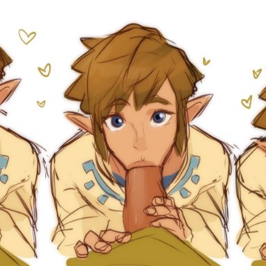 2boys, blowjob, blue eyes, brown hair, eye contact, first person view, gay, hand on penis, heart, lilprinciv, link, male, male/male, male only, nintendo