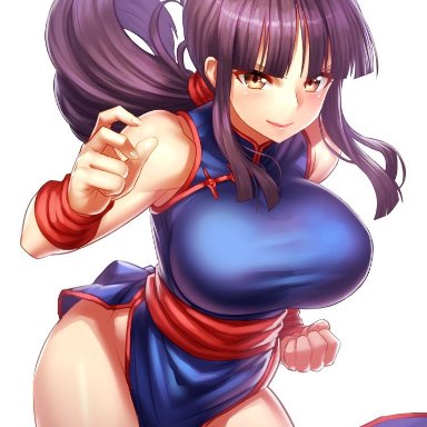 bare shoulders, bent over, big breasts, black hair, blue dress, blunt bangs, boob window, chichi, cleavage, cleavage cutout, dragon ball, dragon ball z, huge breasts, no panties, ponytail