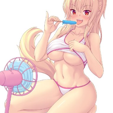 animal ears, barefoot, blonde hair, blush, bra lift, breasts, fangs, hairbow, kneeling, navel, original, panties, ponytail, popsicle, red eyes