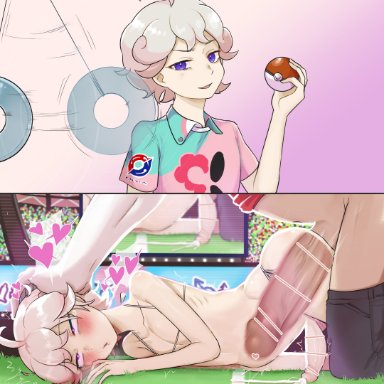 2boys, anal, anal sex, balls, bede (pokemon), big penis, blush, censor bar, censored, cum while penetrated, ejaculation while penetrated, femboy, gay, girly, high resolution