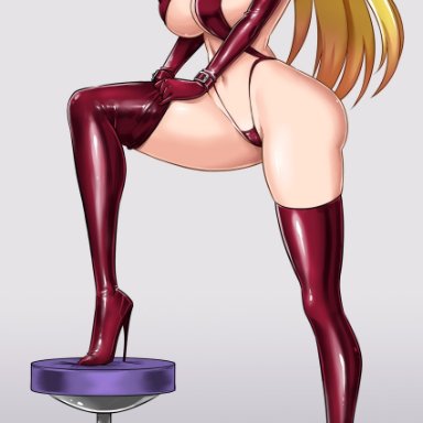 00s, adjusting footwear, artist name, bangs, bare shoulders, blonde hair, blue eyes, boots, breasts, chair, cleavage, collar, covered erect nipples, cuffs, curvy