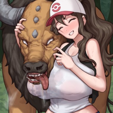 1girls, 1pokemon, 2021, black vest, blue eyes, blush, breasts, brown hair, closed eyes, clothed, clothed female, drooling, female, female focus, hat