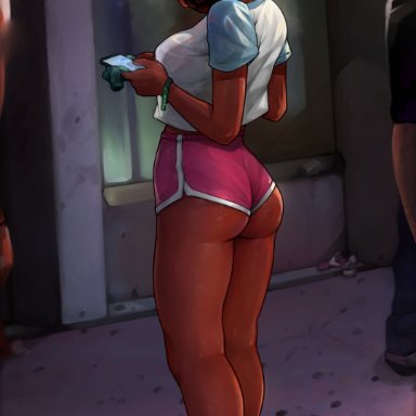 1girls, absurd res, ass, back, blush, breasts, brown hair, bubble butt, cartoon network, cellphone, clothing, connie maheswaran, dark-skinned female, dark skin, day